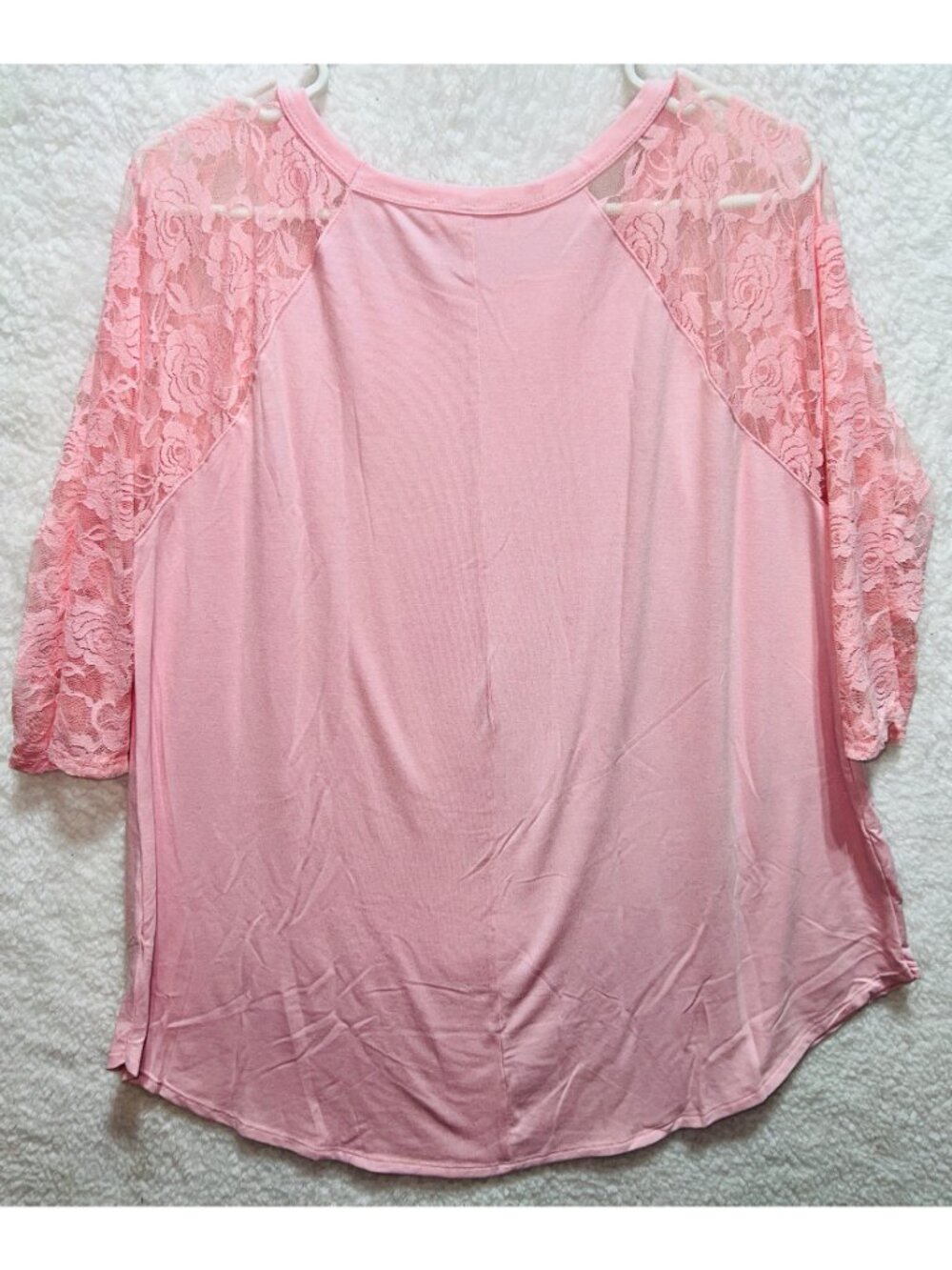 NWOT Zenana Womens Plus Size 2X Pink Lace 3/4 Sleeve Raglan Top Blouse - Picture 2 of 6